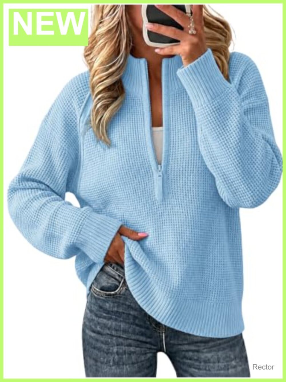 Waffle Knit Quarter Zip Pullover Sweater Long Sleeve Loose Fit Top